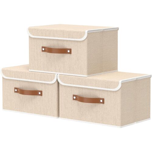 Jexnovashop-Boîte De Rangement, 33 X 23 X 20 Cm Paniers Pliables, Avec Couvercles Et Poignées, Cube Range Pour Vêtement, Magazine Pour, Chambre À Coucher (3 Pièces, Beige)