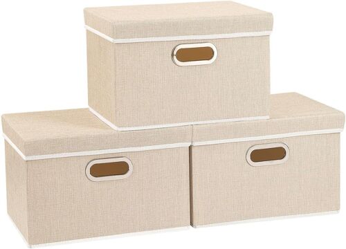 Lot de 3 Boîtes de Rangement Pliables,Organisateurs,2 Poignées,pour Chambre,Salon,32x23x20cm,Beige,SNK023BE-3