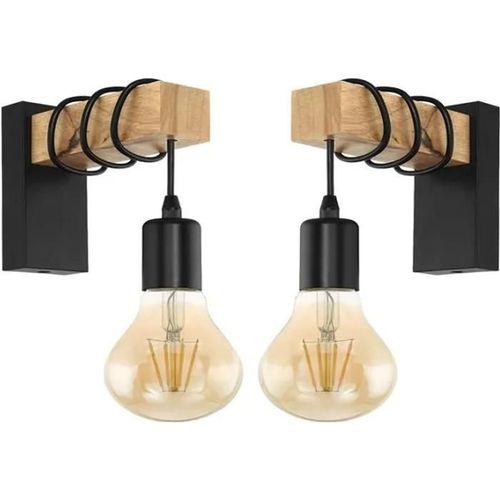 Applique Murale Industrielle Mogod - Lot De 2 - Bois/Fer - E27 - Convient Pour Salon, Chambre, Cuisine
