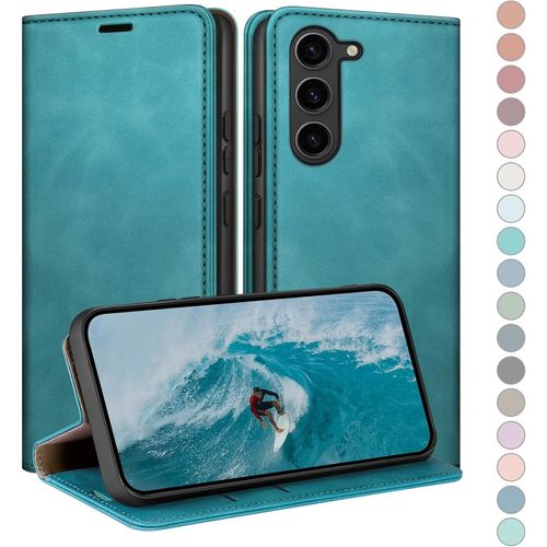 Sjzg-Coque Pour Samsung Galaxy S23 Avec Rfid Blocage Etui À Rabat En Cuir De Premium,Fentes Pour Cartes,Case À Rabat,Coques De Cover Pour Samsung S23 Portefeuille Vert D'eau