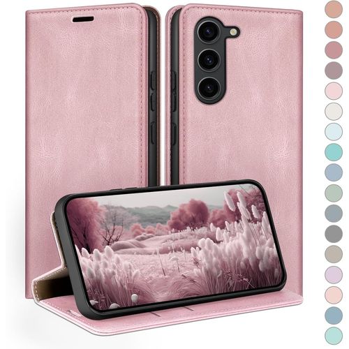 Sjzg-Coque Pour Samsung Galaxy S23 Avec Rfid Blocage Etui À Rabat En Cuir De Premium,Fentes Pour Cartes,Case À Rabat,Coques De Cover Pour Samsung S23 Portefeuille Rose