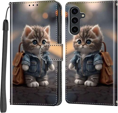 Coque Pour Samsung Galaxy S24, Housse En Cuir Pu Etui À Rabat Pochette De Antichoc Portefeuille Avec Fentes Pour Cartes Fonction Support Chat