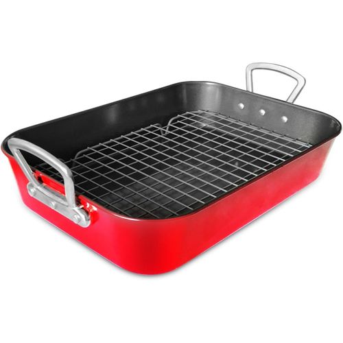 ASFASFq-Plat a Rotir avec Grille Plat de Cuisson RevetementAntiadhesif avec Poignee Plaque a FourRectangulaire Polyvalent Thème de Noël pour la Dinde le Boeuf les Legumes les Pates etc Rouge 44.5 cm