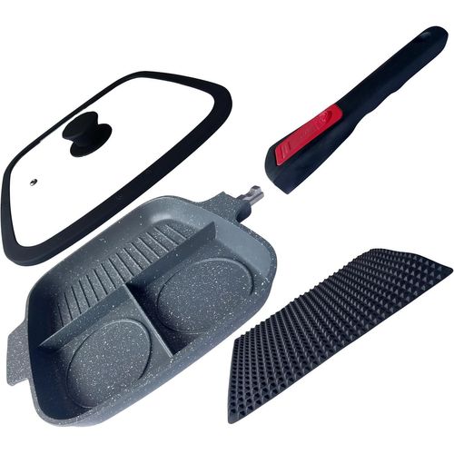 KALANKA-, Poêle grill antiadhésive avec poignée amovible, démontable, pour petit déjeuner, ?ufs, crêpes, hamburger, poêle carrée avec division en 3 sections, alliage d'aluminium (noir)