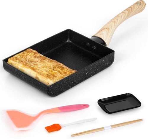 Jexnovashop-Kit Poele Omelette Japonaise - Poele A Oeuf Rectangle Antiadhésive Avec Poignée En Bois - Comprend 1 Assiette Pour Omelette, 1 Pinceau & 1 Spatule En Silicone, & Baguettes De Cuisson