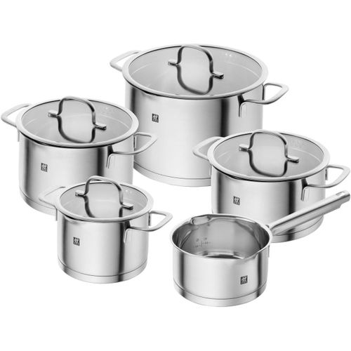Asfasfq-Zwilling Batterie De Cuisine Trueflow, 5 Pièces, Acier Inoxydable, Couvercle Avec Fonction Verseuse, Adapté À La Chaleur À Induction, Argent
