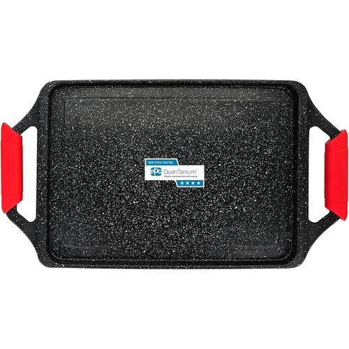 KALANKA-Black Titanium Plaque à Griller Induction Anti-adhésif Titane, Fonte d'Aluminium, Plancha Grill 43 X 25cm, Revêtement sans PFOA, Poignées en Silicone, Vitrocéramique, Gaz, Four