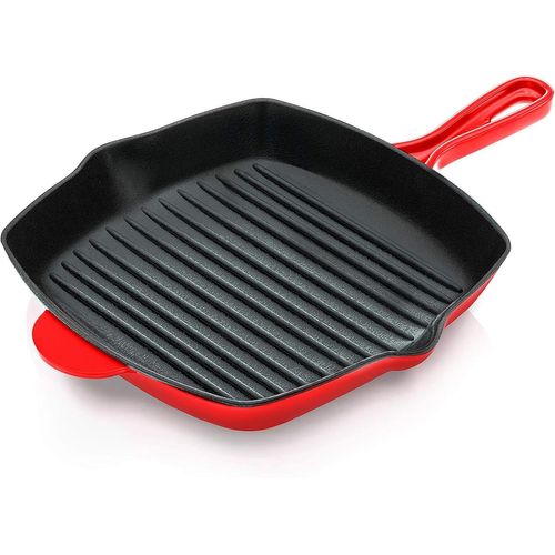 KALANKA-Poêle Grill- Poêle à Griller en Fonte Émaillée de 28 cm -Sauteuse Carrée avec Évacuation-Compatible Tous feux dont Induction Marques de Gril