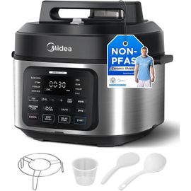 ASFASFq-Midea Autocuiseur 9-en-1, Multicuiseur 6L avec 12 Fonctions, Cuiseur de Riz, Vapeur, Yaourtière, Mijoteuse, Sous-Vide, Sauté, avec Livre de Recettes, Acier Inoxydable