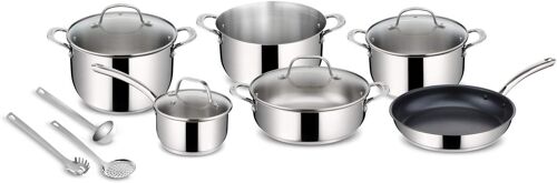 Subzonal-Evelia Batterie De Cuisine En Acier Inoxydable 18/10 Pour Induction, Gaz Et Four, 13 Pièces, 4 Marmites, Casserole, Poêle Antiadhésive, Louche, Écumoire, Cuillère À Spaghetti, 4 Couvercles