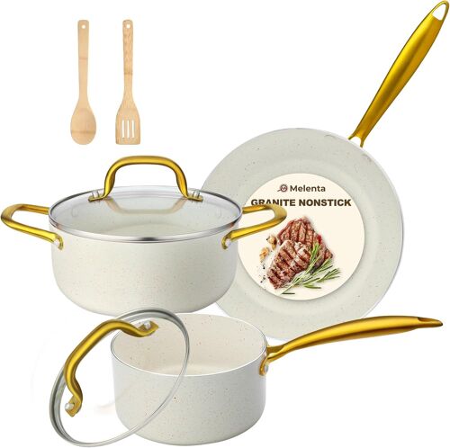 Subzonal-Batterie De Cuisine Induction 7 Pièces, 2 Casseroles 16/20cm + 1 Poele 24cm, Lot Casserole Et Poele Anti Adhesive, Avec Poignée Dorée Et Ustensiles, Compatible Four, Blanc