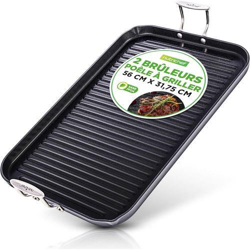ASFASFq-NutriChef Poêle Grill 50,8 cm x 33 cm pour Cuisinière-Double brûleur- Poêle en Fonte- Plaque Chauffante Antiadhésive en Fonte Anodisée Dure, Noir