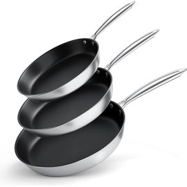 - Set De 3 Poêles Anti-Adhésives Multicouche 20, 24 Et 28 Cm - Revêtement En Acier Inoxydable 4 Épaisseurs-Poignée Ergonomique - Convient À Toutes Les Plaques De Cuisson Et À Tous Les Fours