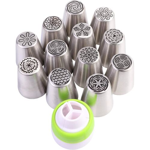 Jexnovashop-12 Pièces Douilles Buses Russe Fleur À Gâteaux En Acier Inoxydable Gouttes Douille De Décorations Outils Set Avec 1 Coupler Seringue (Set A)