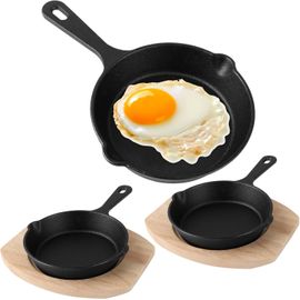 JEXNOVASHOP-Lot de 3 mini poêles à frire en fonte avec fond en bois, 14 cm, petites poêles en fonte, pour cuisinière, four, barbecue, intérieur et extérieur