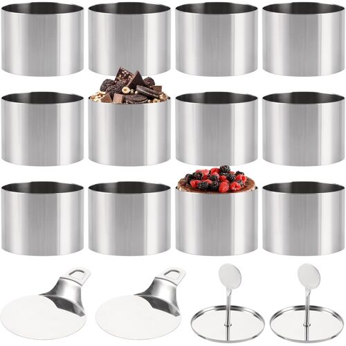 Jexnovashop-12 Pièces Cercle À Patisserie En Acier Inoxydable, 7,5 Cm Emporte-Pièces Ronds Avec Poussoir Et Spatule, Moule À Mousse, Patisserie Anneau À Gâteau Pour Gâteau Mousse Dessert