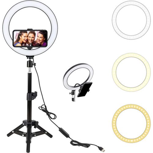 Ring Light, 10"" Anneau Lumineux avec 45cm Trépied, Lumière Anneau Réglable avec 3 Modes d'Eclairage et 10 Niveaux de Luminosité pour Maquillage Self-Portrait Live Stream Youtube TikTok Vidéo