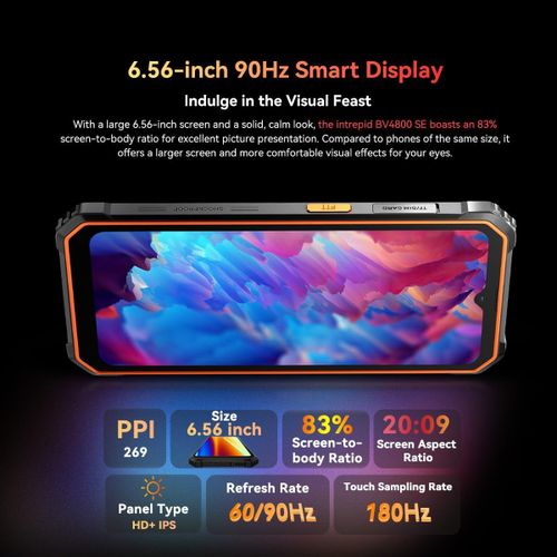 SUBZONAL-BV4800 SE (NFC) Téléphone Portable Incassable, 12Go64Go/TF 1To Octa-Core, Android 15, 6.56 HD, Smartphone Incassable, 5180mAh, 16MP8MP, 4G Dual SIM, 3 Slot/GPS/Face ID/NFC Orange