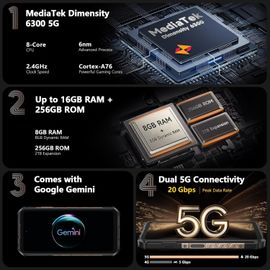 Ulefone Armor X16 Pro AI Smartphone Incassable Android 15, 5G Telephone 10360mAh, 16Go+256Go/TF 2To, 64MP+Vision Nocturne IP68 Telephone de Chantier ecran 6.56"" HD+/120Hz/Gemini AI/NFC/GPS