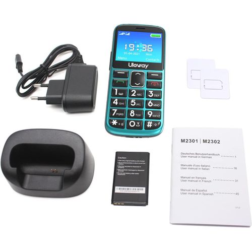 Téléphone Portable basique GSM  Chakeyake pour Personnes âgées avec Grandes Touches, Grand écran 2,4?, Haute Volume, Station de Charge, HAC, SOS Fonction (turquoise)