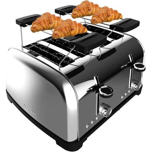 NouvelHorizonstore-Grille-pain Vertical 4 Fentes Courtes Toastin' time 1700 Double Inox. 1700 W, 4 Tranches de Pain, Fente Large de 3,8 cm, 2 Supports pour Pains et Tiroir Ramasse-miettes, Acier Inox