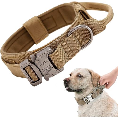 Ersan-Collier Chien Tactique, Avec Poignée De Commande Et Collier Pour Chien À Boucle En Métal,Réglable Nylon Chien Rembourré Pour Chiens De Taille Moyenne Grand Entraînement(Xl, Kaki)