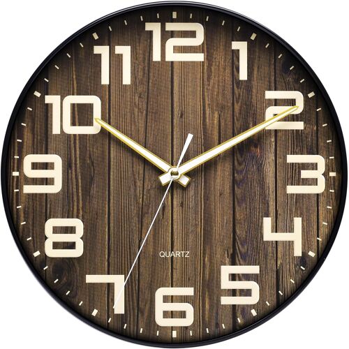 KALANKA-Horloge murale, ronde, en plastique, imitation bois, silencieuse, sans réponse, grands chiffres anciens, pour salon, chambre, cuisine (30 cm)