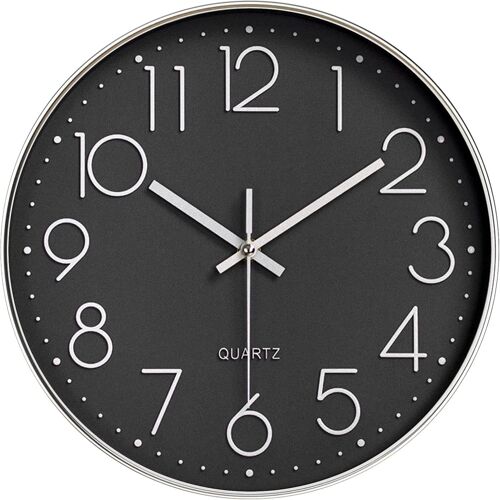 KALANKA-12 Pouces Horloge Murale,30CM Moderne Horloge de Salon à Quartz Silencieuse à Piles Ronde, Aspect Simple pour Chambre, Cuisine, Bureau, Café Bar décoration Murale (Noir argenté)