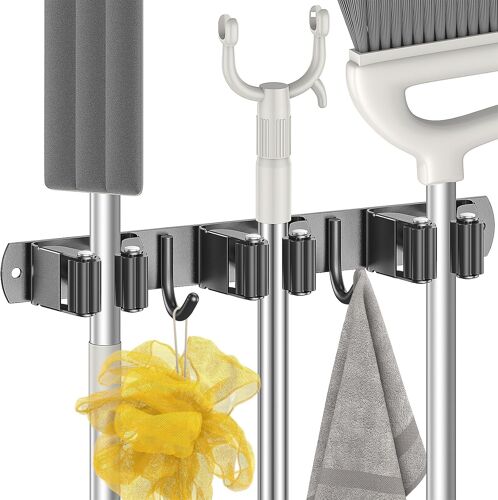 JEXNOVASHOP-Accroche Balai Mural, Porte Balais Mural avec 3 Supports et 2 Crochets, Support Balais Mural sans Percage, Attache Balai Mural avec Vis, Range Balai Mural, Porte Outils de Jardin Mural, N