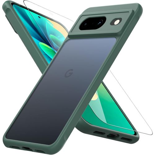 CAUC-Coque pour Google Pixel 8 avec Verre Trempé, Protection Militaire et Caméra, Antichoc Anti-Jaune, Étui Translucide, Vert