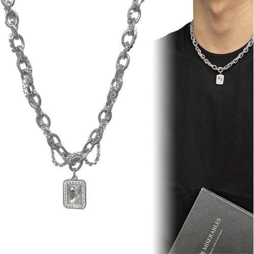 Kal-Chaîne Acier Inoxydable Homme - Chaîne Argent Homme Hip Hop Avec Strass Carré - Chaîne Homme Argent Élégante - Chaîne Argent Homme Style Urbain
