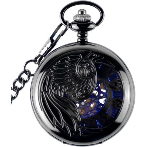 Nbgcm-Montre De Poche Mécanique Pour Homme Et Garçon, Aigle/Ange/Phénix Bleu Chiffre Romains Cadran Mécanique Montre De Poche Squelette En Acier Pendentif Collier, Noir