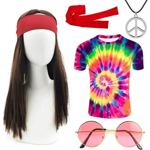 Kjakl-Deguisement Annees 80 70 60s Deguisement Hippie Perruque Hippie Homme T Shirt Deguisement Disco Femme Accessoires Hippie Costume Lunettes Hippie Collier Hippie Deguisement Halloween 1970