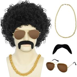 Jum-Perruque Afro Noire Pour Homme Et Femme-Costume Des Années 70 Et 80-Disco-Pour Homme Et Femme-Avec Moustache À Coller-Costume De Fête D'halloween
