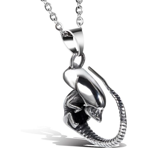 KAL-Bijoux Pendentif Collier Homme Extraterrestre Diable Punk Rock Noël Acier Inoxydable Fantaisie Couleur Argent Noir Longueur 55Cm Avec Sac Cadeau