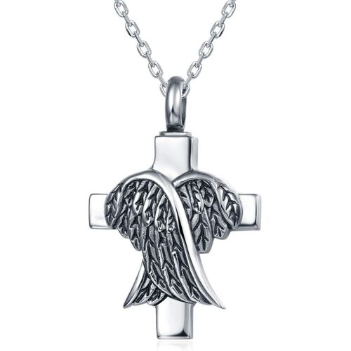 Kal-Pendentif Unisex Memorial Urne Pour Les Cendres En Acier Croix À Ailes Inoxydable Avec Collier De Chaîne Réglable De 46 À 52 Cm