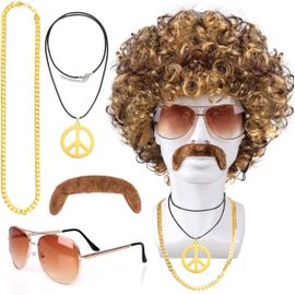 Jum-Perruque Afro Deguisement Hippie Homme Perruque Hippie Costume Carnaval Costume Halloween Deguisement Disco Annees 70 80 Perruque Marron Or Homme-Perruque Lunettes Fausse Moustache Collier