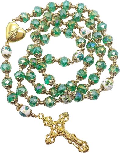 Store Chapelet Catholique Avec Perles De Cristal Vert De 10 Mm, Fleurs Dorées, Médaillon C?ur Miraculeux, Croix Et Pochette En Velours ¿ Amulette Religieuse Pour Femme Et Homme, 53,3 Cm