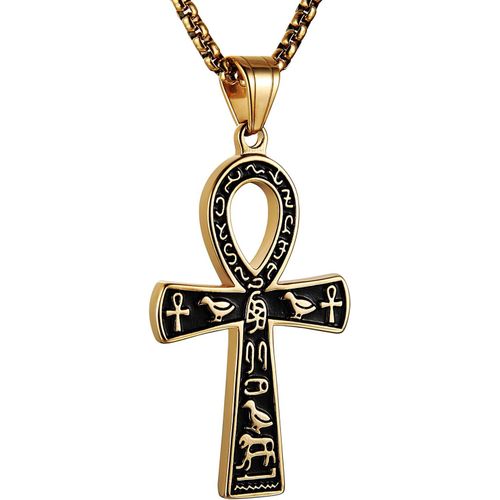 Kal-Grand Pendentif Croix Ankh En Acier Inoxydable Symbole Hiéroglyphique Égyptien Antique 55 + 5,1 Cm Chaîne