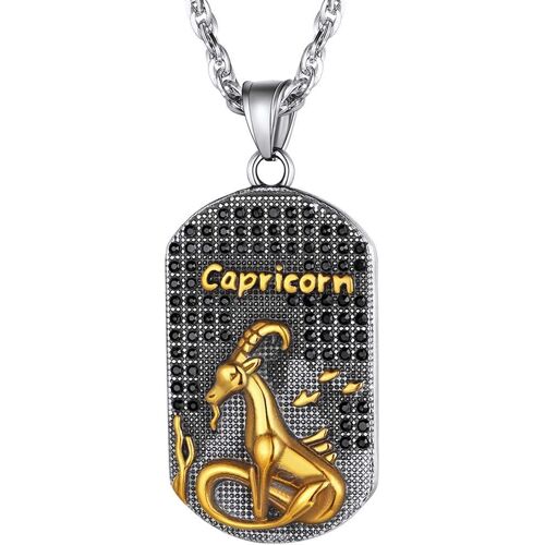 Kal-Pendentif Médaille Signe Astrologique Zodiaque Capricorne-Collier 12 Constellations Homme Acier 316l Dorée Et Plaqué Cz En Strass Brillant Avec Chaîne Ajustable 55-60cm,Cadeau Anniversaire Hommes