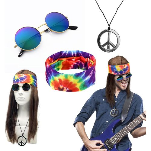 Fdjhy-4 Pcs Deguisement Disco Femme Homme Perruque Disco Hippie Lunettes De Soleil Collier Pendentif Bandeau Années 80 70 60s Costume Perruque Homme Pour Cosplay Fête Carnaval Halloween
