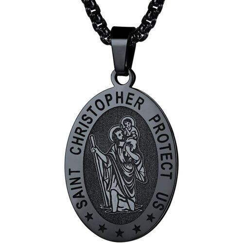 Kal-Médaille Saint Christophe Femme Homme Pendentif St Patrons Catholique Religieux Collier Amulette De Protection Plaqué Or/Noir/Acier Inoxydable Bijoux Porte Bonheur (Boîte Cadeau)