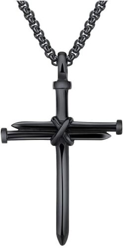 Kal-Collier Croix Gothique Pendentif Religieux Chaîne Maille Vénitienne Bijoux Homme Accessoire Symbolique Noir