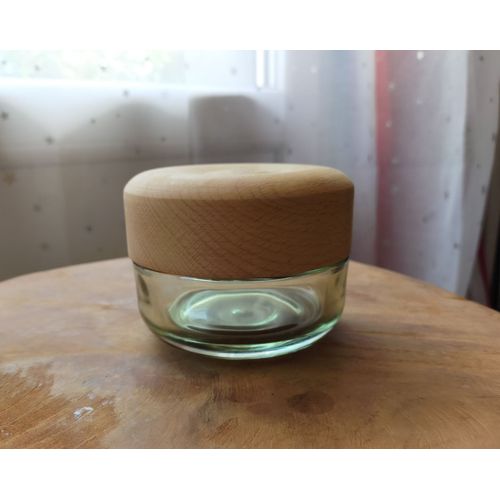 Petite boîte Alinea ronde en verre teinté avec couvercle en bois
