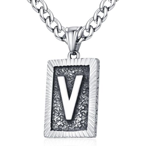 Kal-Homme Femme Collier Rétro Rectangle Pendentif Initiale Lettre A-Z Chaîne Cubaine Largeur 6mm En Acier Inoxydable Longueur Réglable