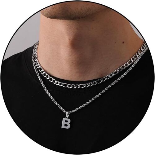 Tianyi-Layered Initial A-Z Chaîne Avec Des Lettres, Collier Pour Garçons, Collier De Lettres En Acier Inoxydable 18+20 Figaro Chaîne De Bijoux De Corde Cadeaux Pour Ami Hommes Femmes