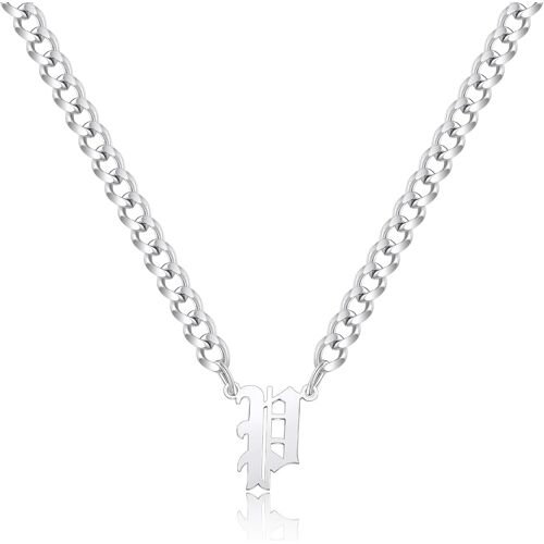 Tianyi-Gothique Collier Initiale, Chaine Acier Inoxydable Collier Homme Initiale A-Z Lettre Nom Argent Chaîne Cubaine Alphabet Pendentif Réglable 18+2 Inches Bijoux Homme
