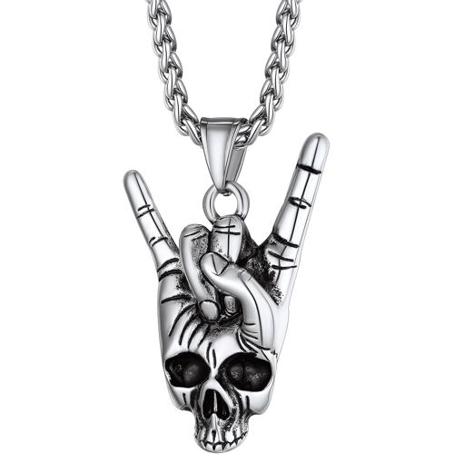Kal-Collier Tête De Mort Homme Pendentif Crâne Moto/Balle De Fusil/Tête De Démon Satanique En Or/Noir/Acier Inoxydable Avec Chaîne Réglable 55+5 Cm Bijoux Gothique Hip Hop Pour Unisex