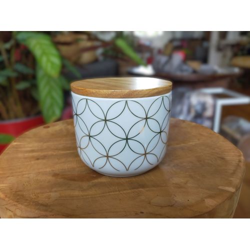 Petite boîte Alinea ronde blanche à motifs dorés avec couvercle en bois