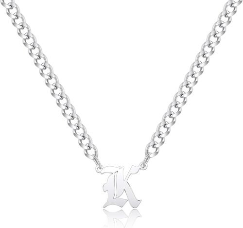 Tianyi-Gothique Collier Initiale, Chaine Acier Inoxydable Collier Homme Initiale A-Z Lettre Nom Argent Chaîne Cubaine Alphabet Pendentif Réglable 18+2 Inches Bijoux Homme